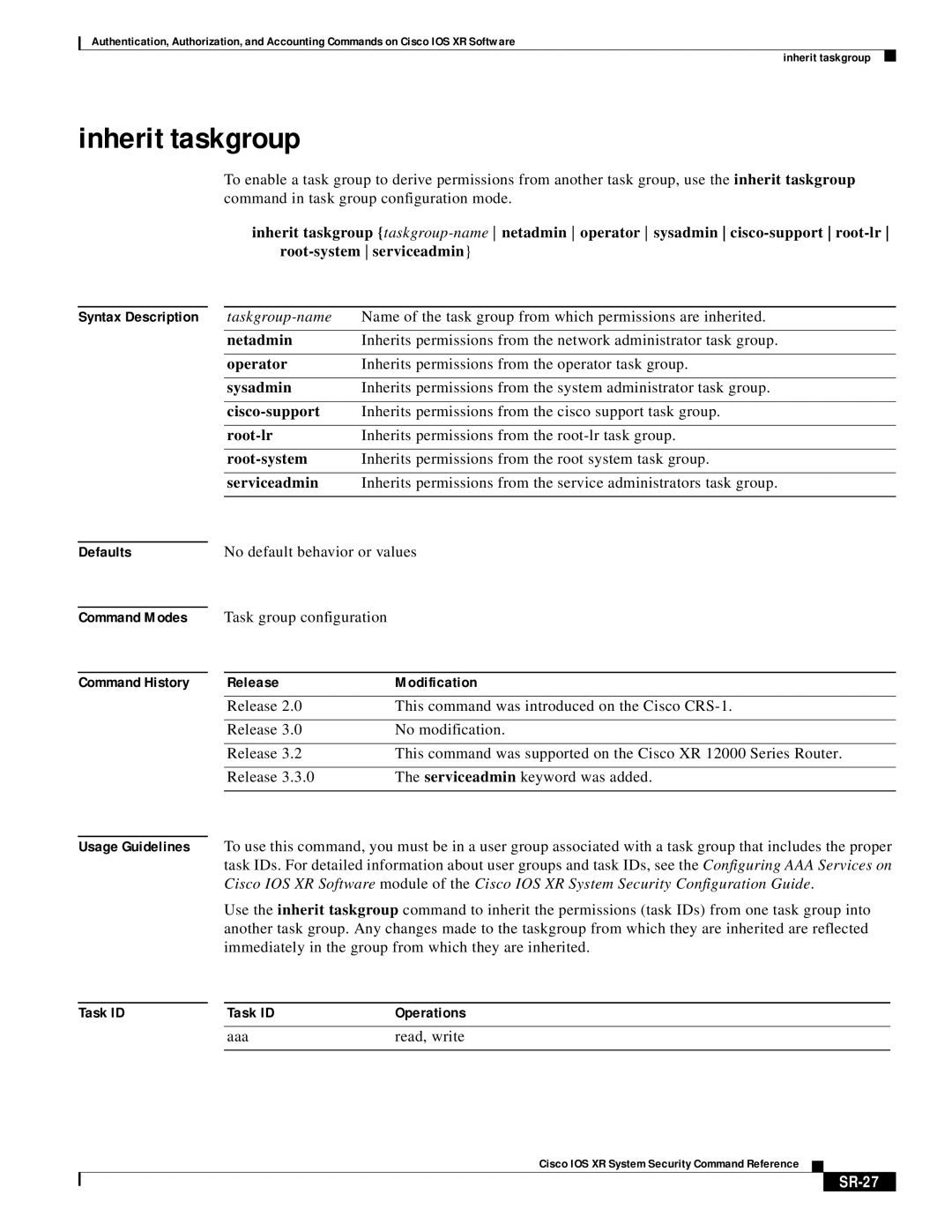 Cisco Systems XR manual Inherit taskgroup, SR-27 