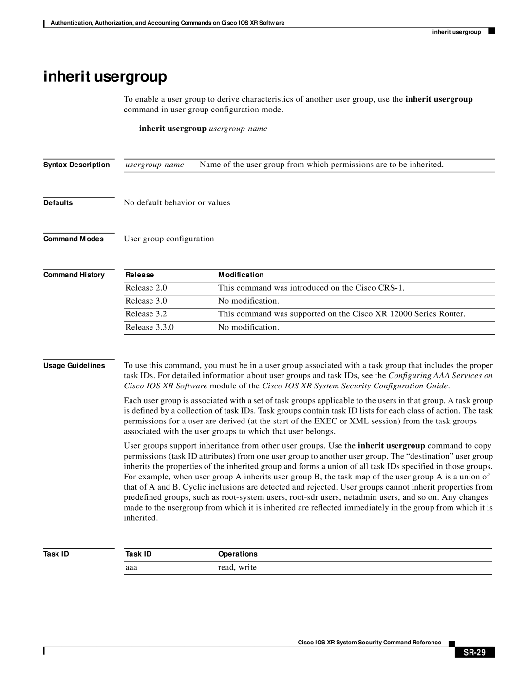 Cisco Systems XR manual Inherit usergroup usergroup-name, SR-29 