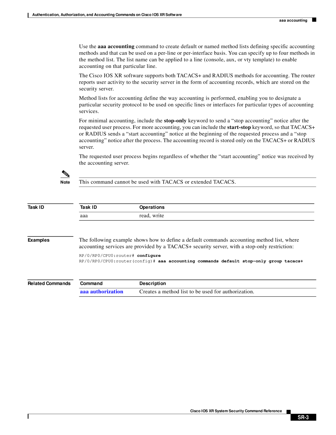 Cisco Systems XR manual Aaa Read, write, Creates a method list to be used for authorization, SR-3 