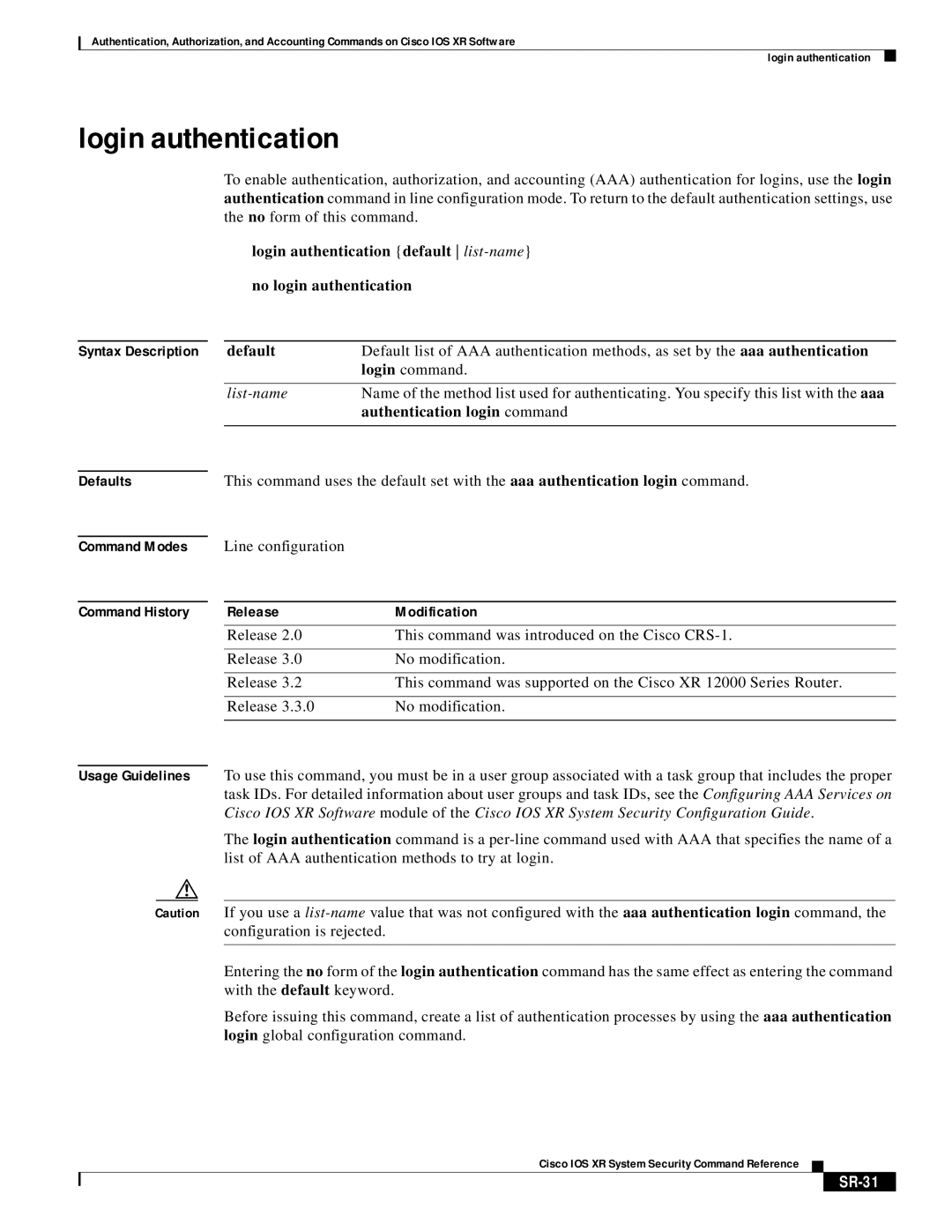 Cisco Systems XR manual Login authentication, Authentication login command, SR-31 