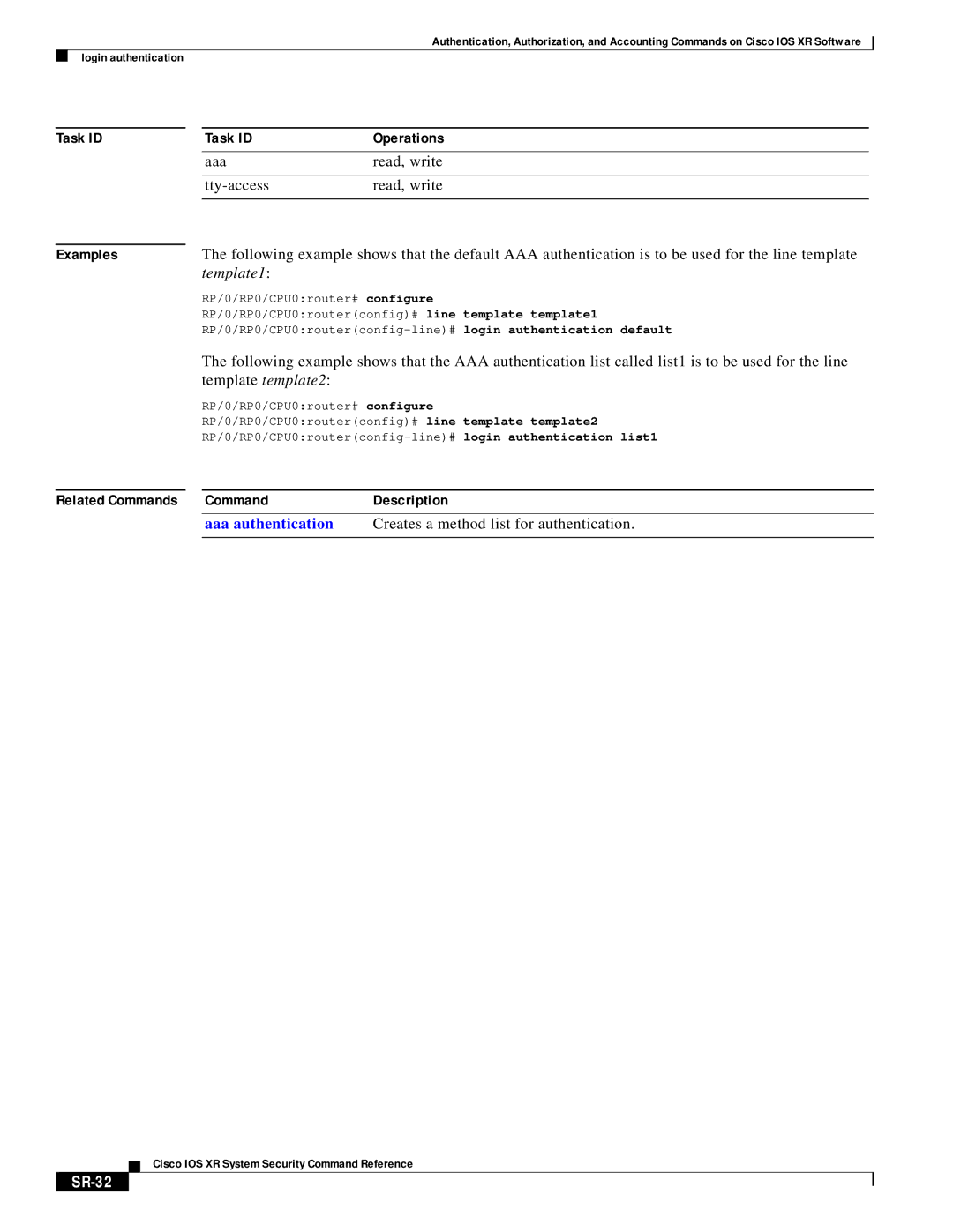 Cisco Systems XR manual Creates a method list for authentication, SR-32 