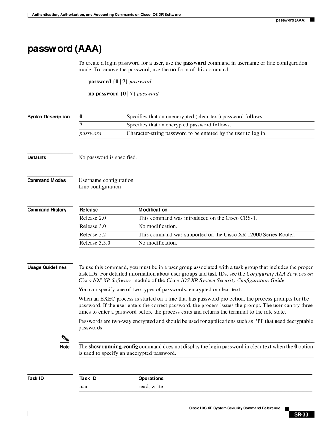 Cisco Systems XR manual Password AAA, Password 0 7 password No password 0 7 password, SR-33 