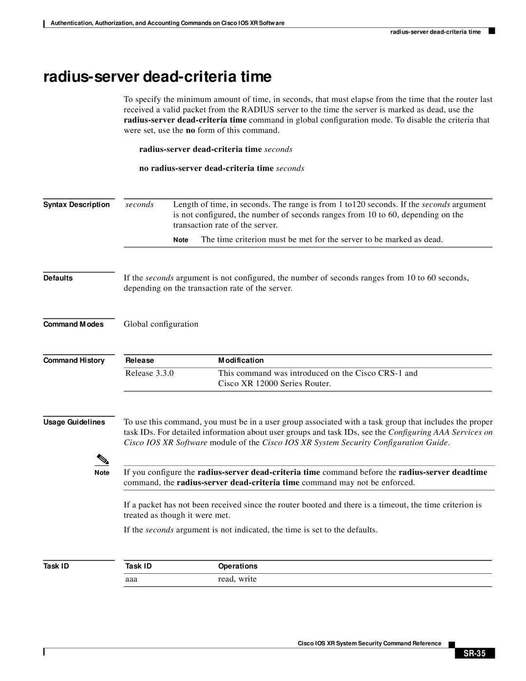 Cisco Systems XR manual Radius-server dead-criteria time, SR-35 