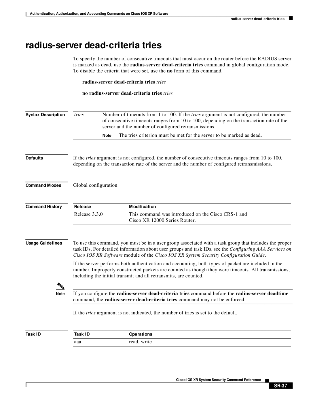 Cisco Systems XR manual Radius-server dead-criteria tries, SR-37 