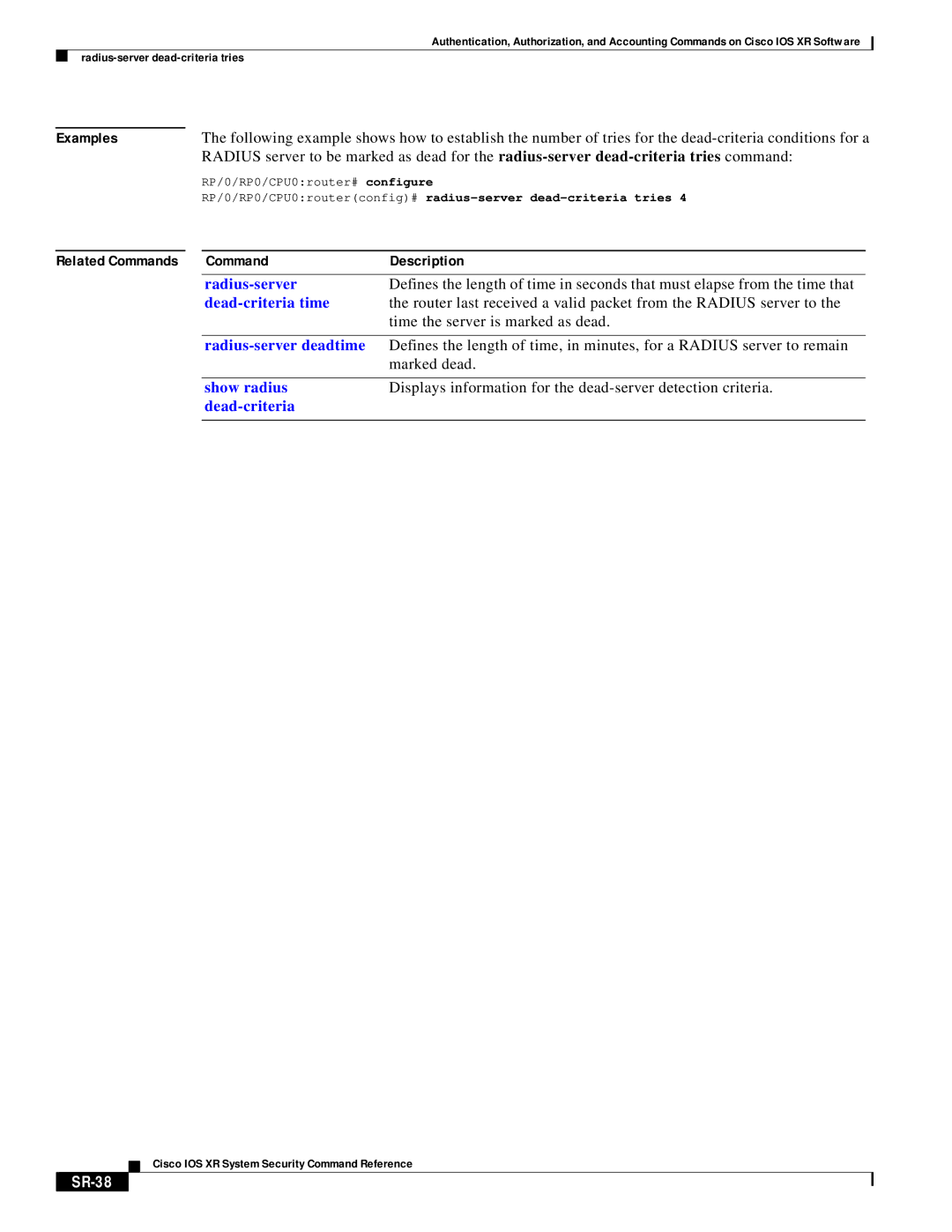 Cisco Systems XR manual Dead-criteria time, SR-38 