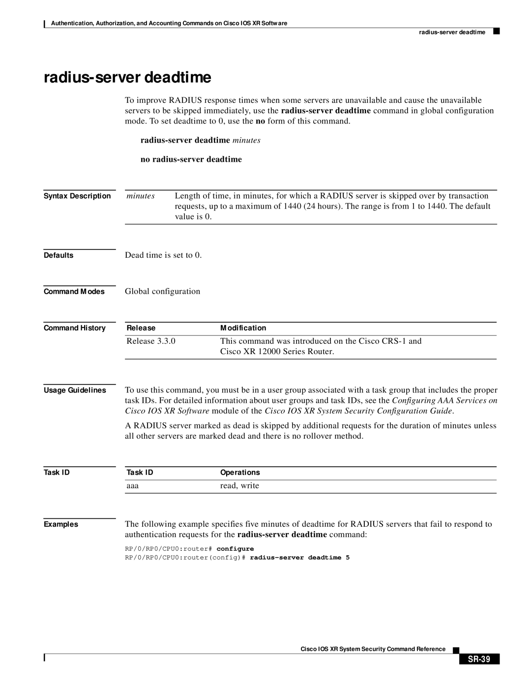 Cisco Systems XR manual Radius-server deadtime minutes No radius-server deadtime, SR-39 