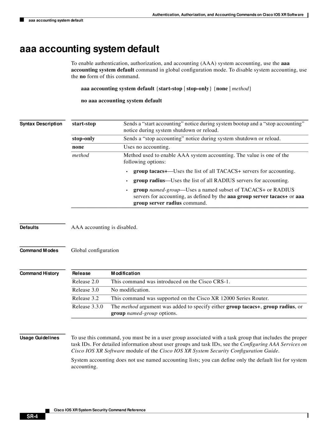 Cisco Systems XR manual Aaa accounting system default, SR-4 