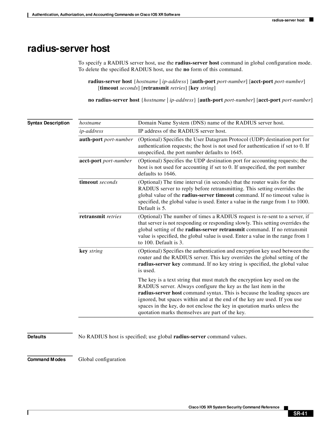 Cisco Systems XR manual Radius-server host, Timeout seconds, Retransmit retries, SR-41 