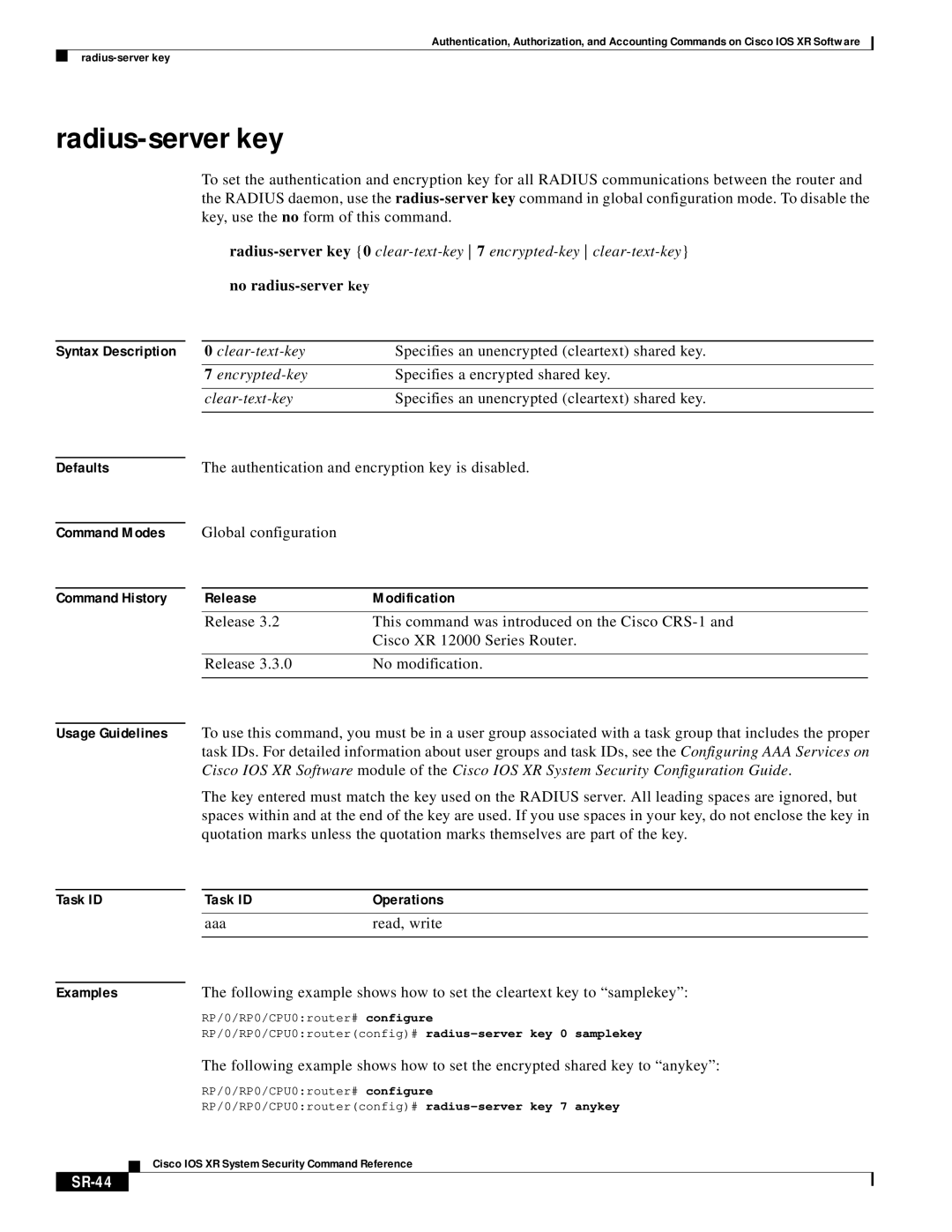 Cisco Systems XR manual Radius-server key, SR-44 