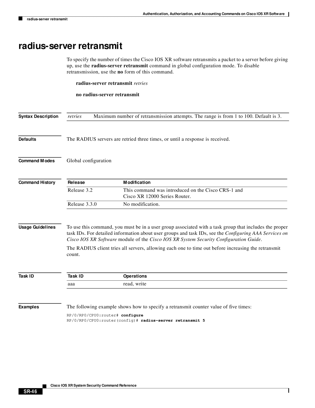 Cisco Systems XR manual Radius-server retransmit, SR-46 