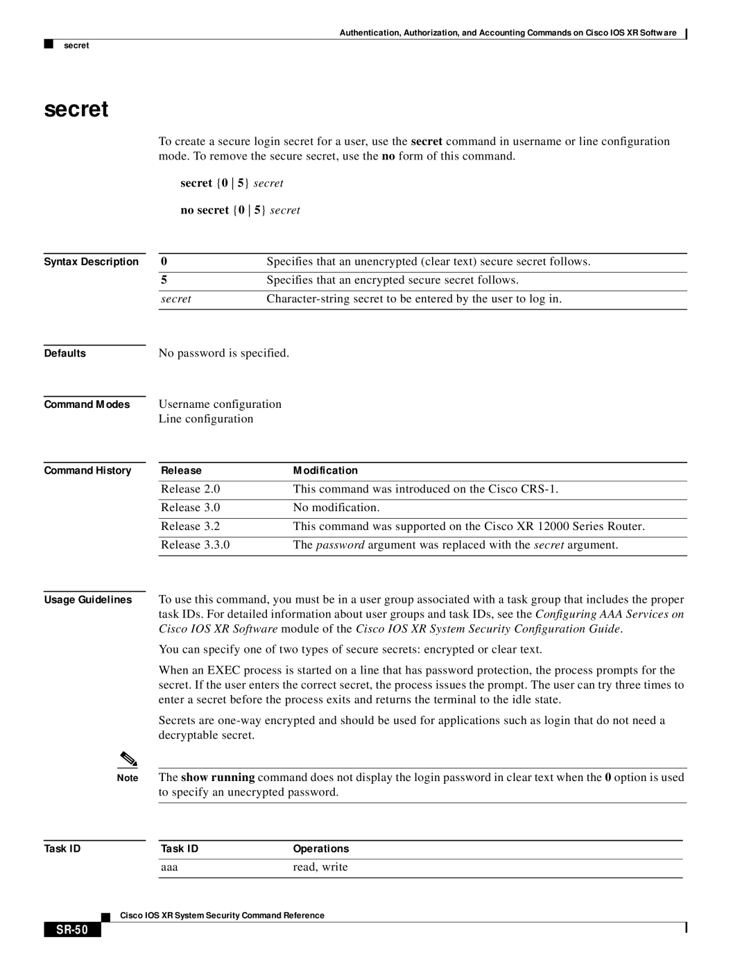 Cisco Systems XR manual Secret 0 5 secret no secret 0 5 secret, SR-50 