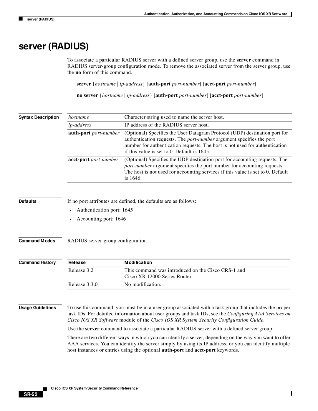 Cisco Systems XR manual Server Radius, SR-52 