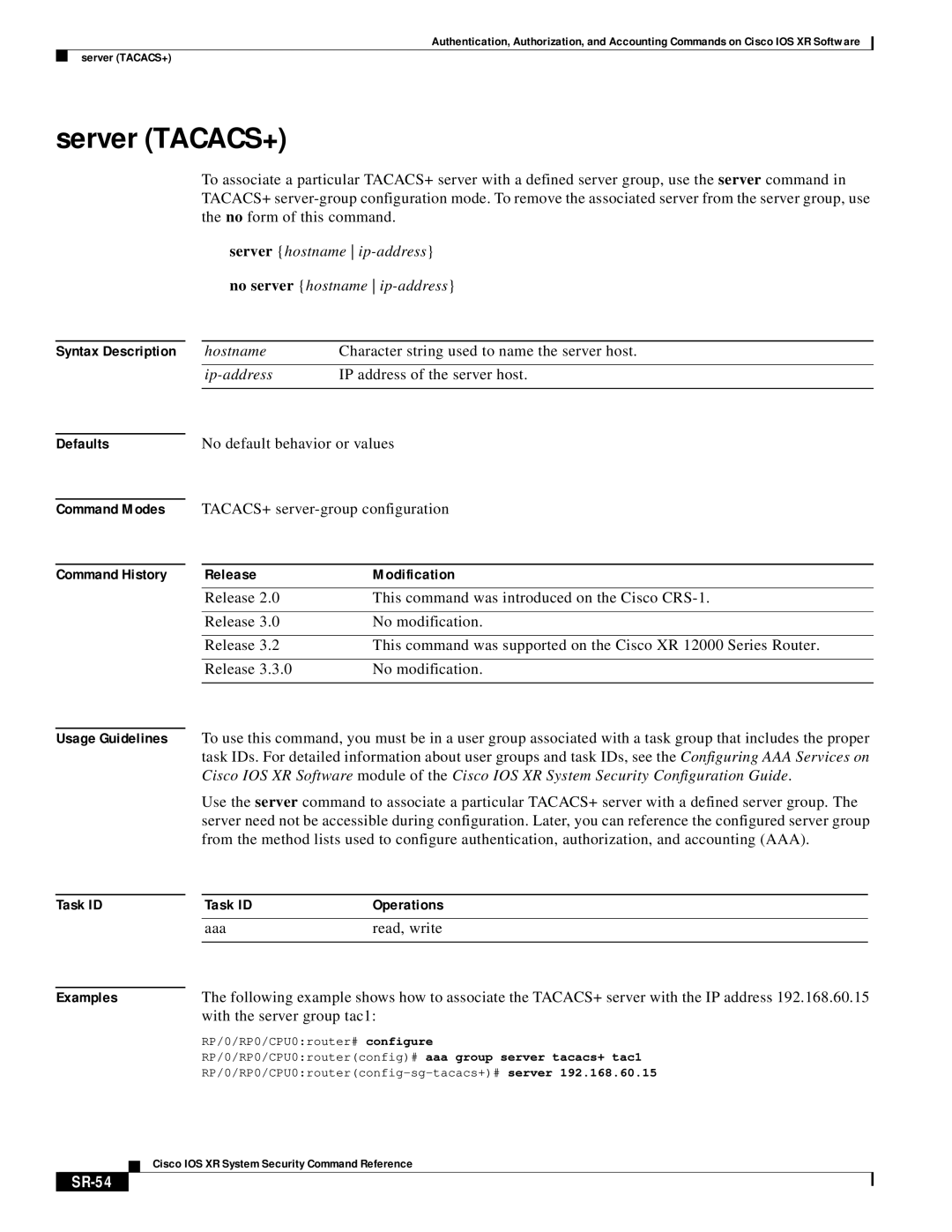 Cisco Systems XR manual Server TACACS+, SR-54 