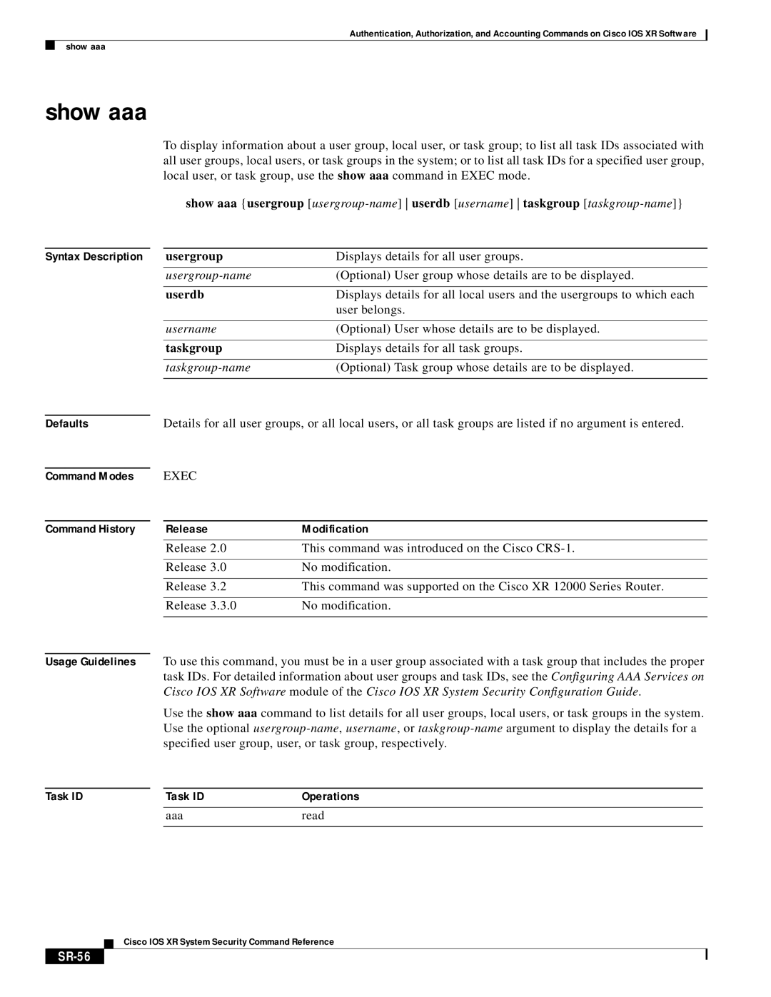 Cisco Systems XR manual Show aaa, SR-56 