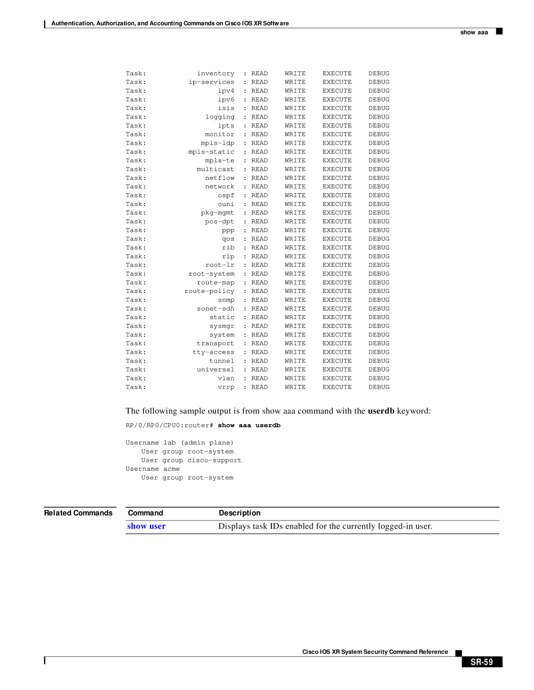 Cisco Systems XR manual Displays task IDs enabled for the currently logged-in user, SR-59 