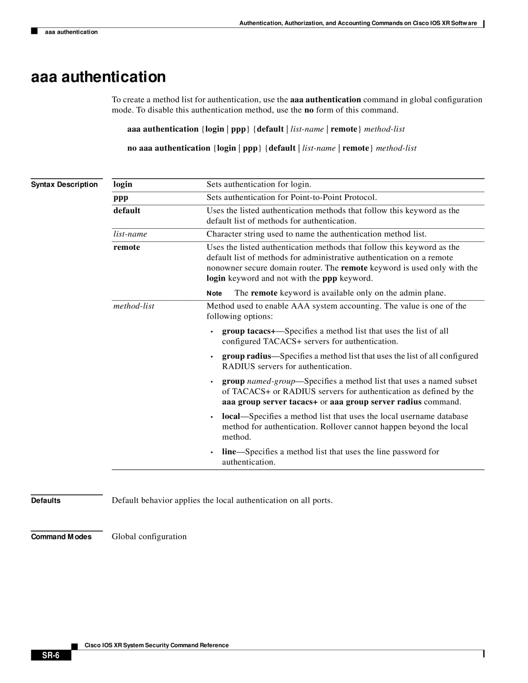 Cisco Systems XR manual Aaa authentication, SR-6 