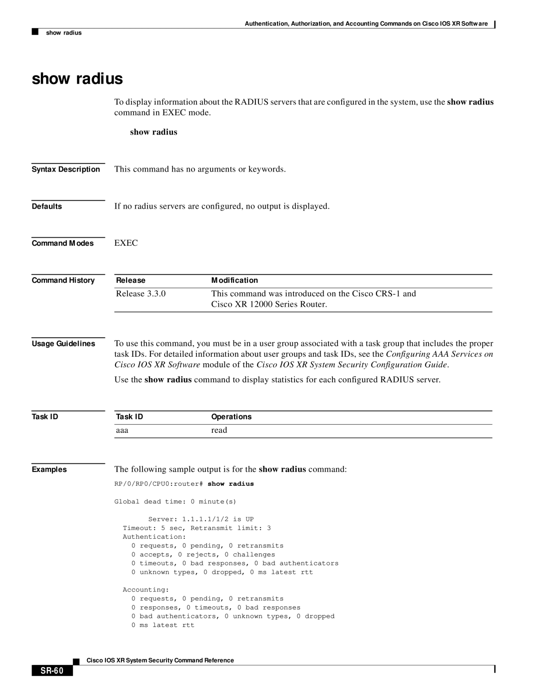 Cisco Systems XR manual Show radius, If no radius servers are configured, no output is displayed, SR-60 