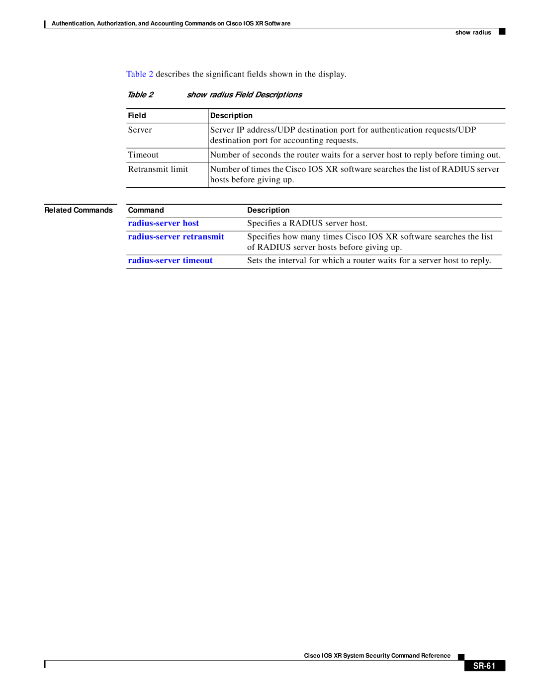 Cisco Systems XR manual Field Description, SR-61 