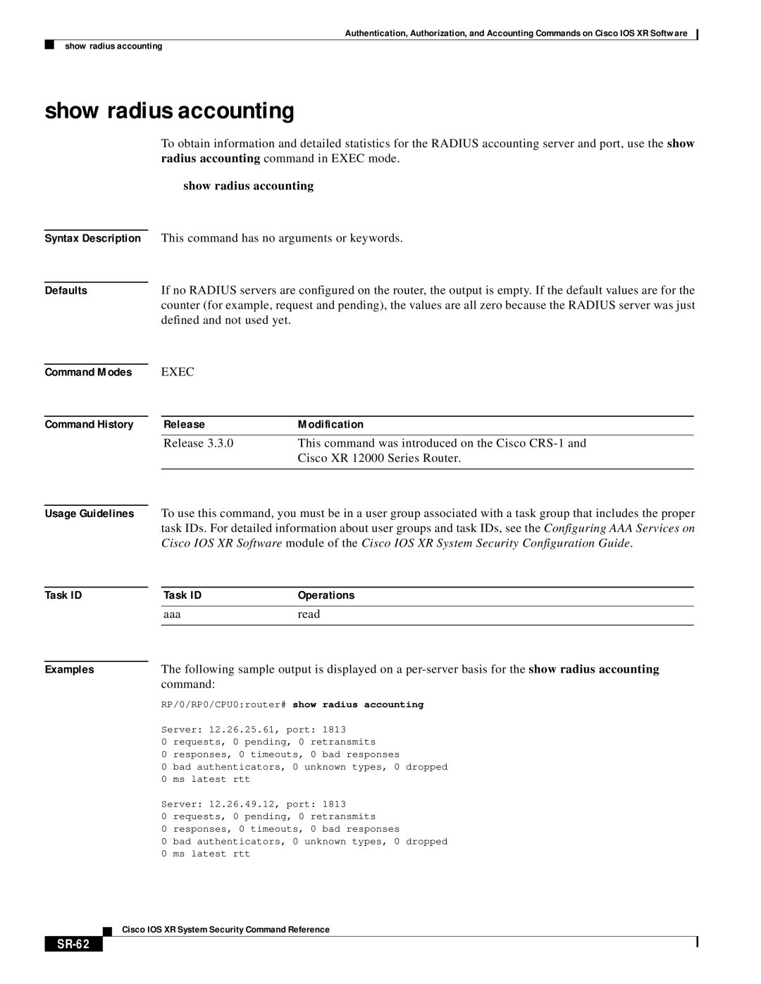 Cisco Systems XR manual Show radius accounting, SR-62 