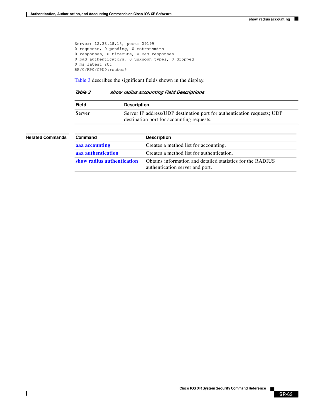 Cisco Systems XR manual Show radius authentication, SR-63 