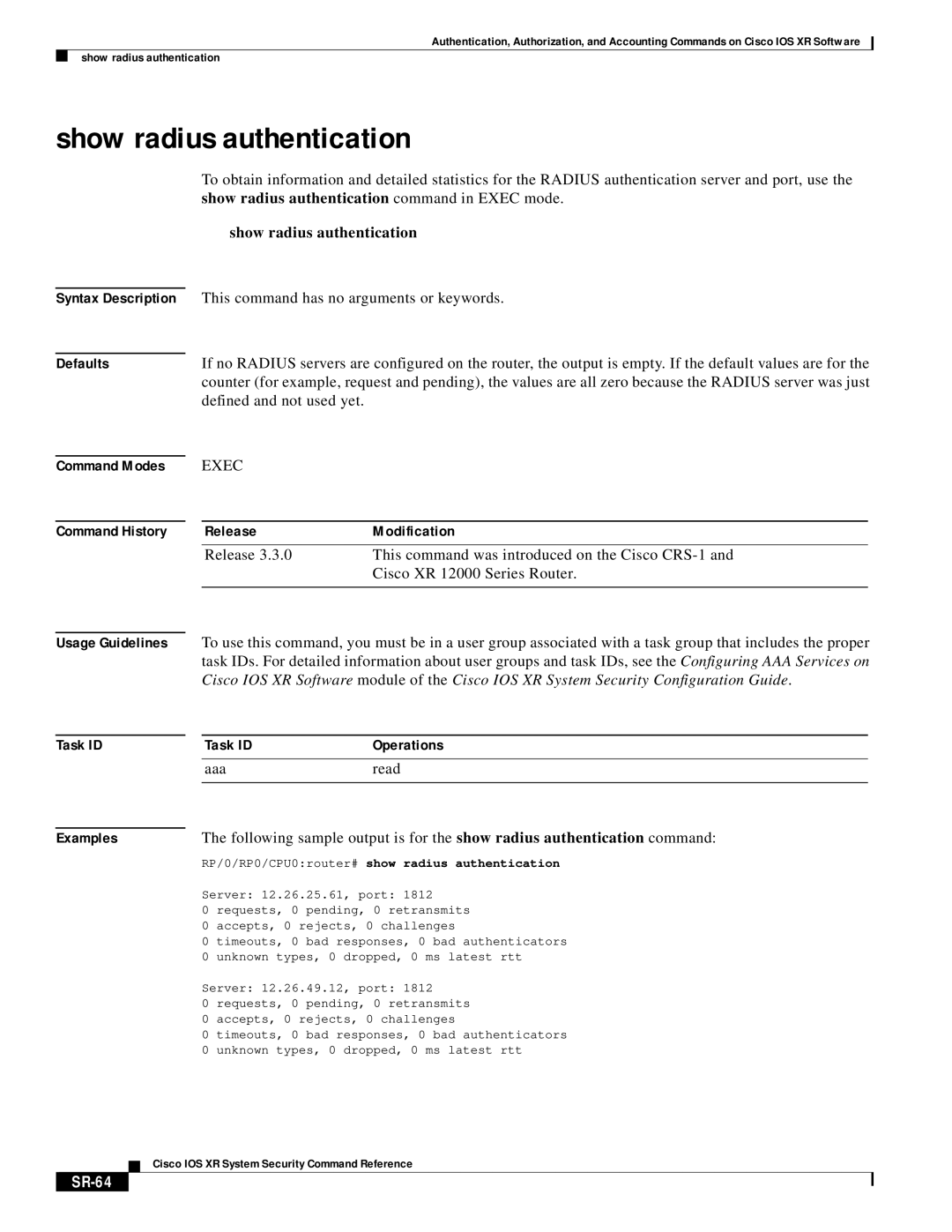 Cisco Systems XR manual Show radius authentication, SR-64 