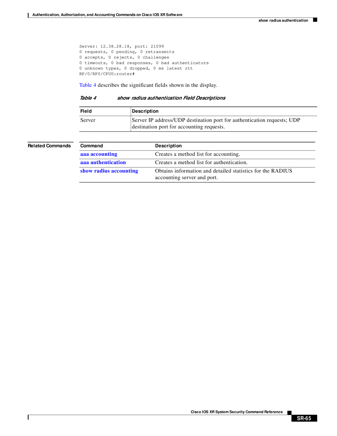 Cisco Systems XR manual Show radius accounting, SR-65 