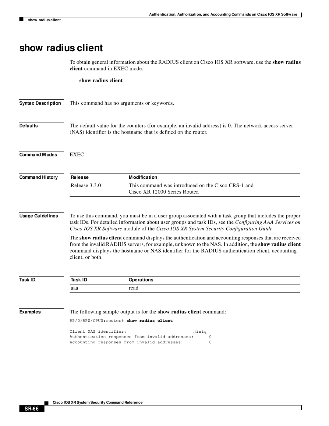 Cisco Systems XR manual Show radius client, SR-66 