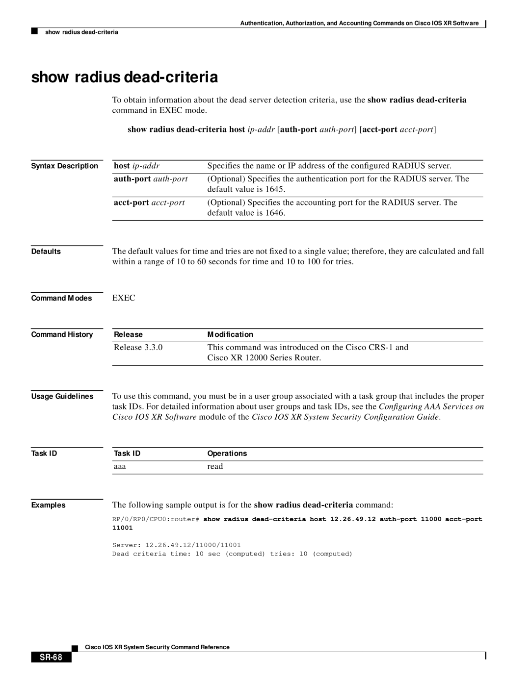 Cisco Systems XR manual Show radius dead-criteria, SR-68 