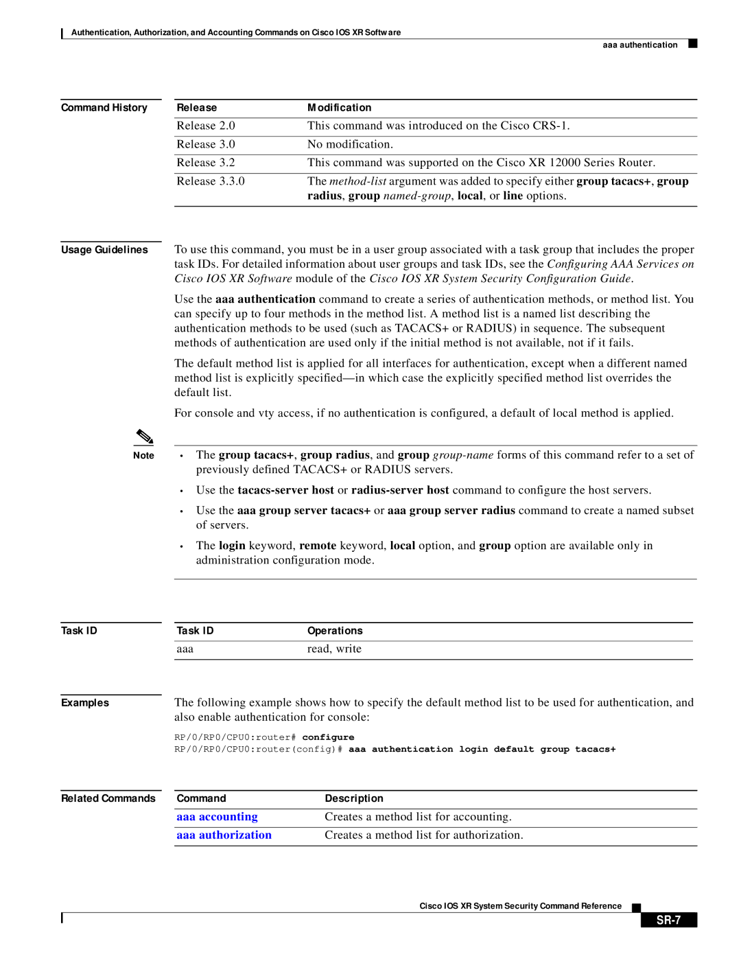 Cisco Systems XR manual Radius, group named-group,local, or line options, Creates a method list for accounting, SR-7 