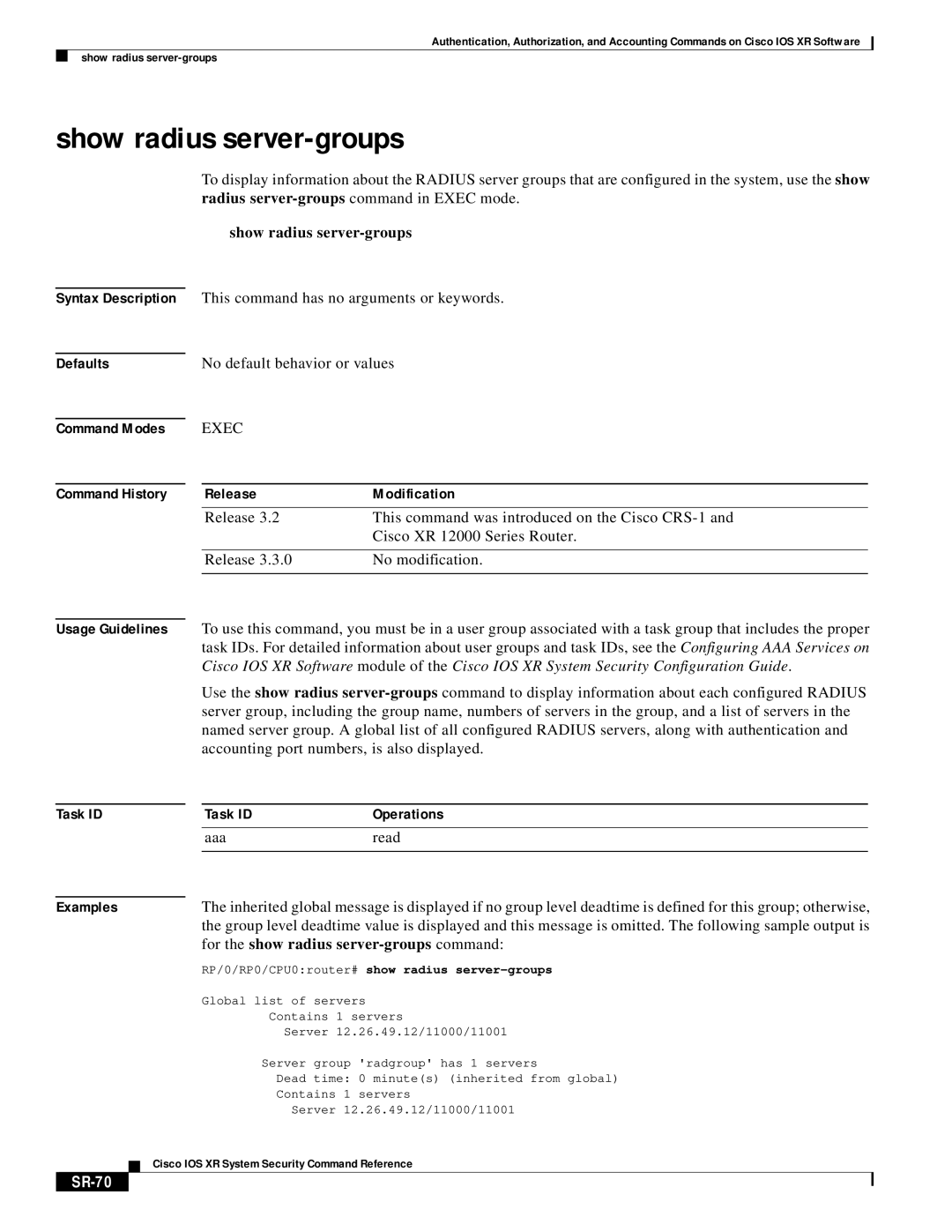 Cisco Systems XR manual Show radius server-groups, No default behavior or values, SR-70 