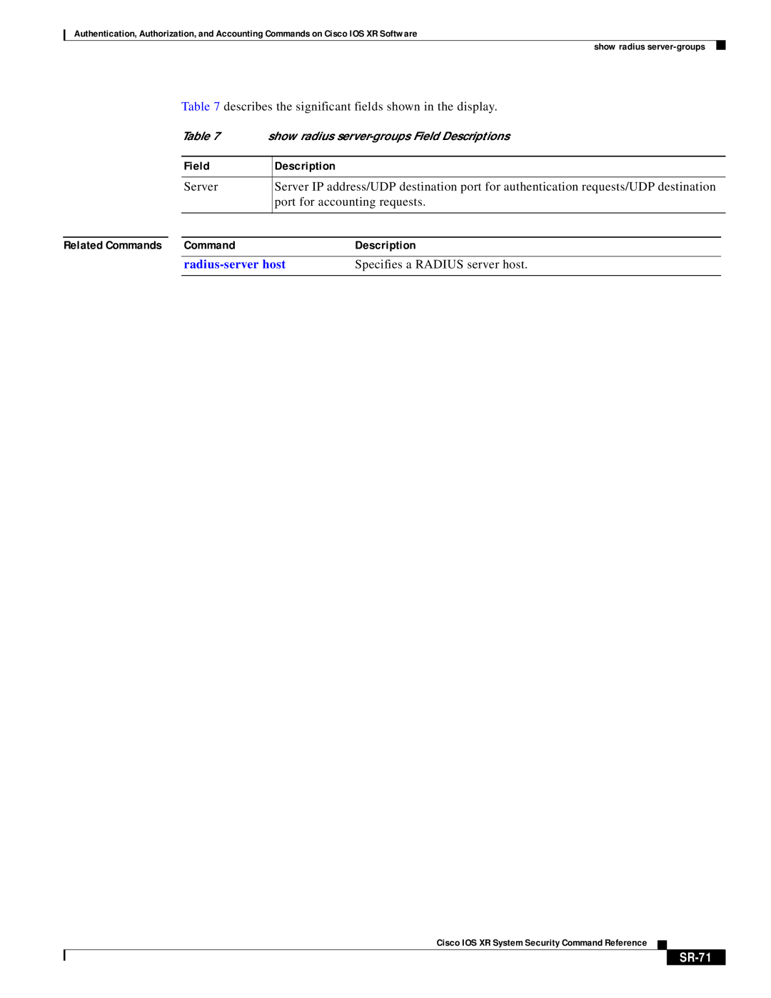 Cisco Systems XR manual Field Description, SR-71 