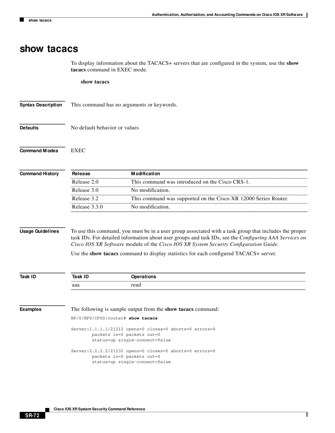 Cisco Systems XR manual Show tacacs, SR-72 