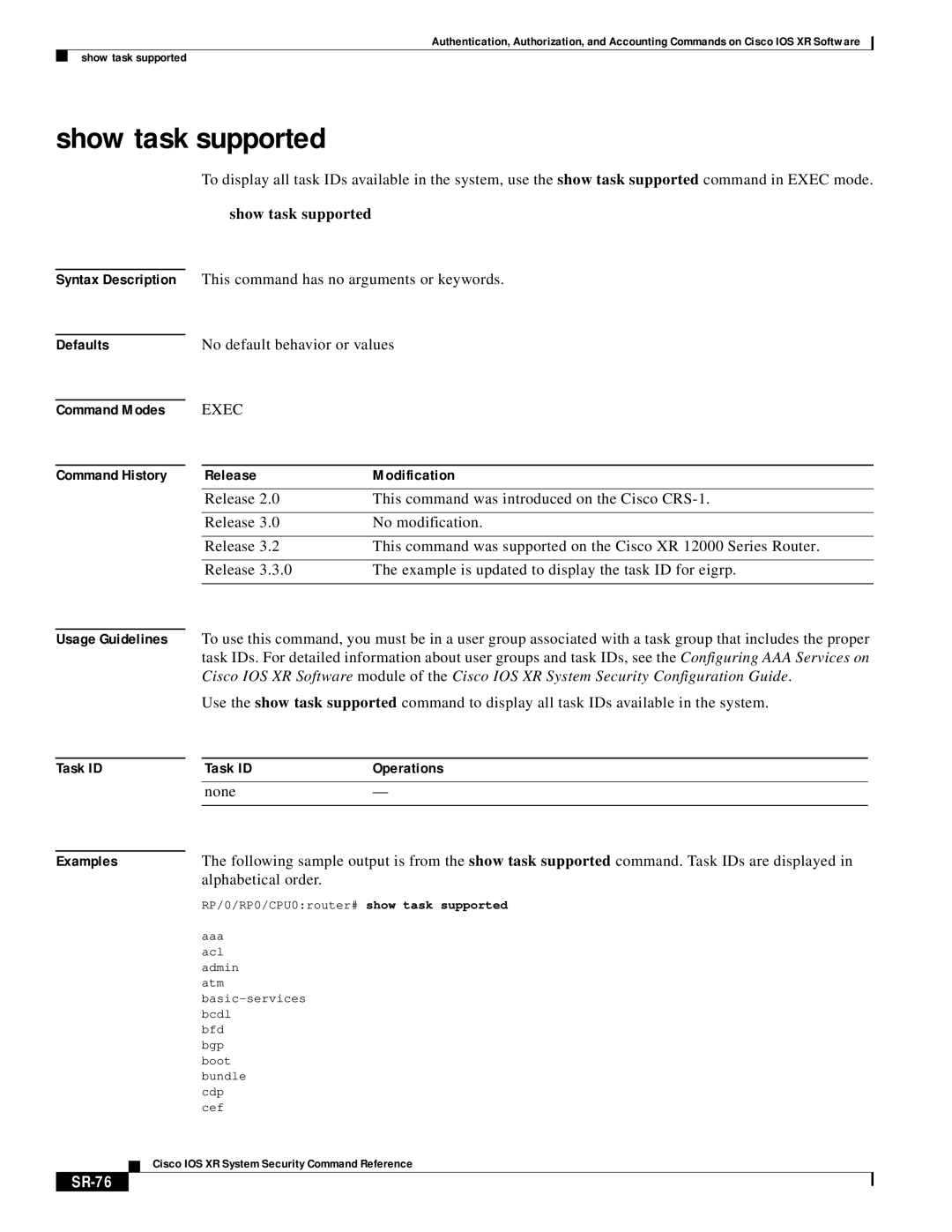 Cisco Systems XR manual Show task supported, SR-76 