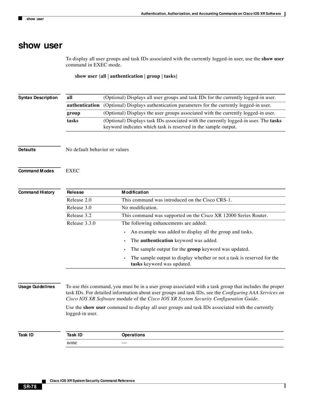 Cisco Systems XR manual Show user, SR-78 