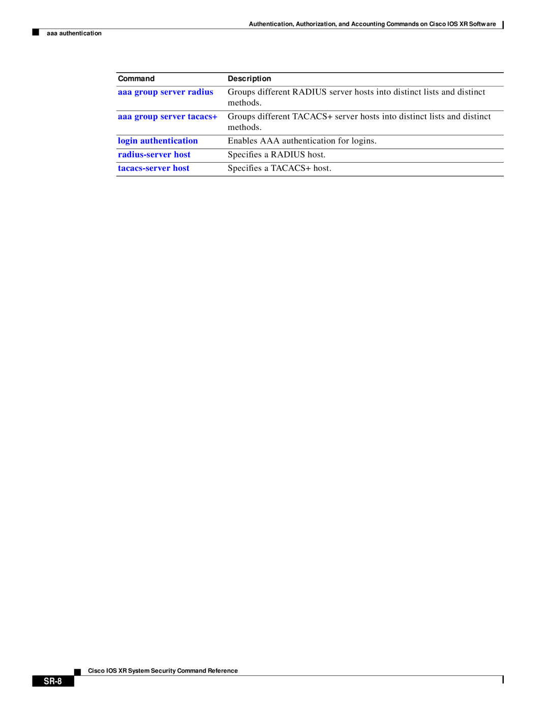 Cisco Systems XR manual Command Description, SR-8 