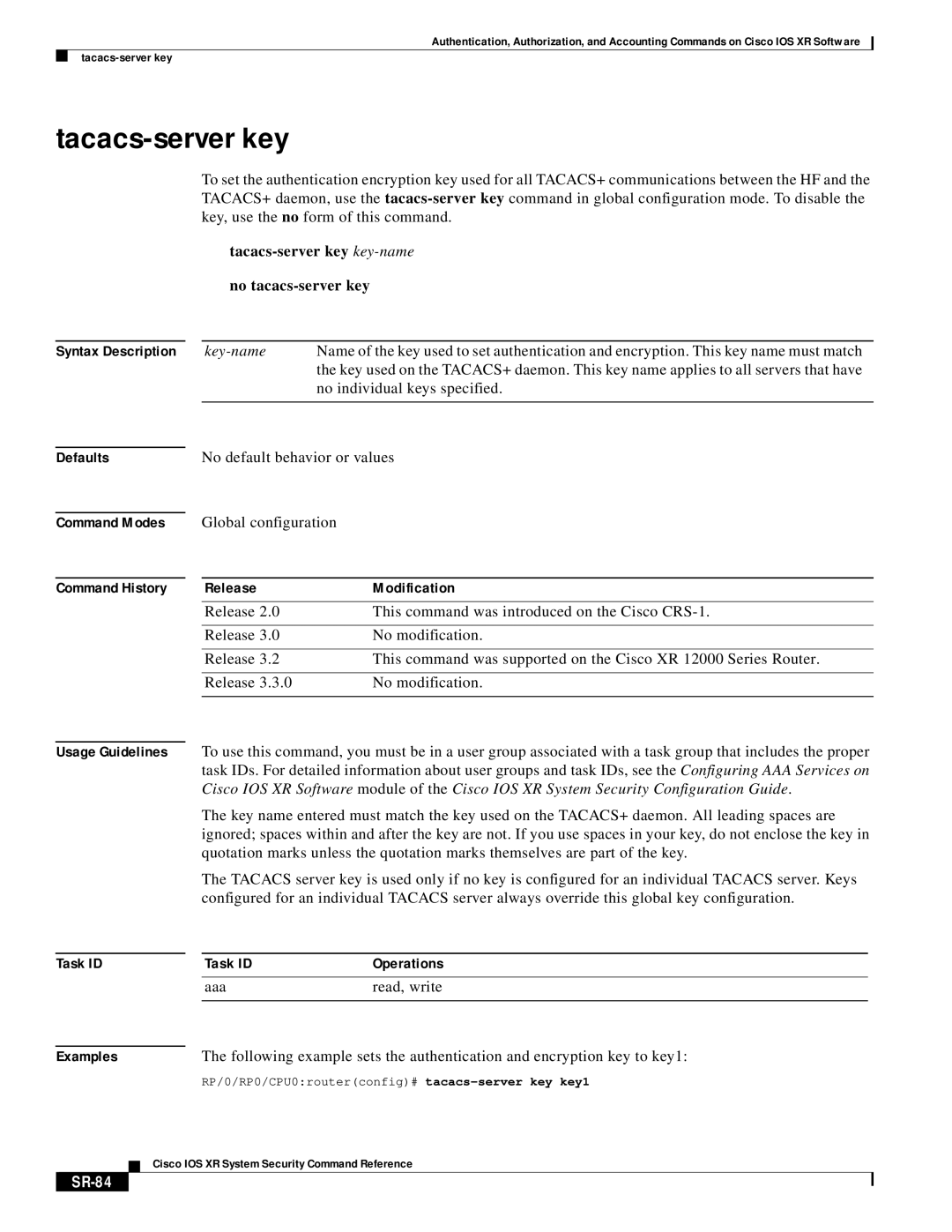 Cisco Systems XR manual Tacacs-server key key-nameno tacacs-server key, SR-84 