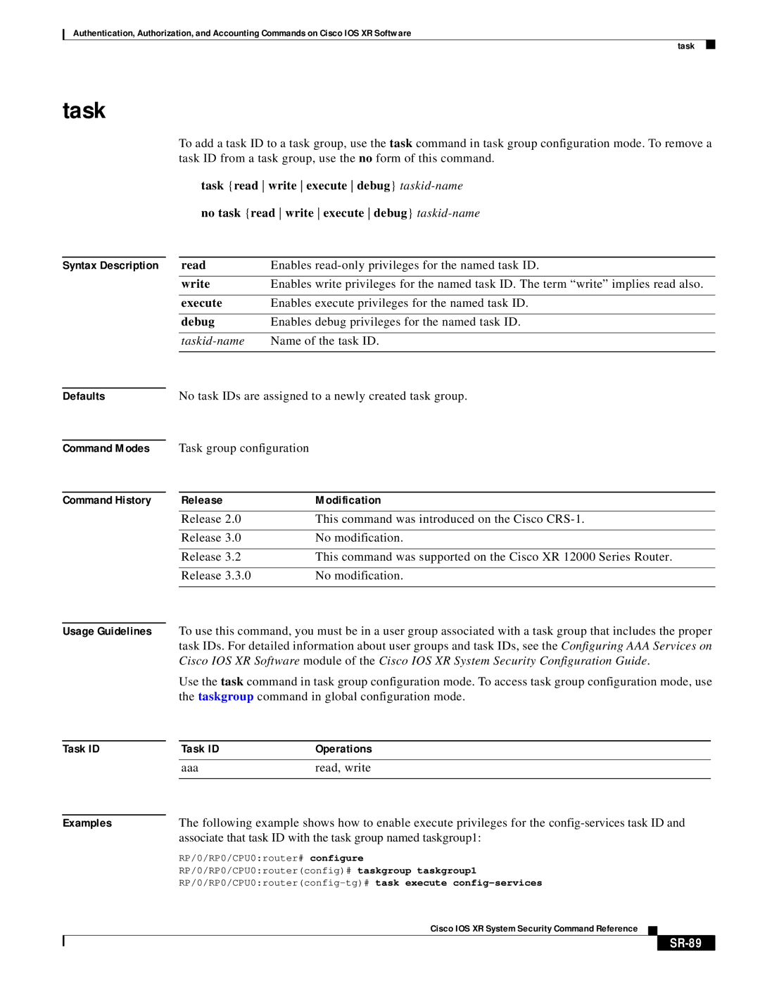 Cisco Systems XR manual Task, Write, Execute, Debug, SR-89 