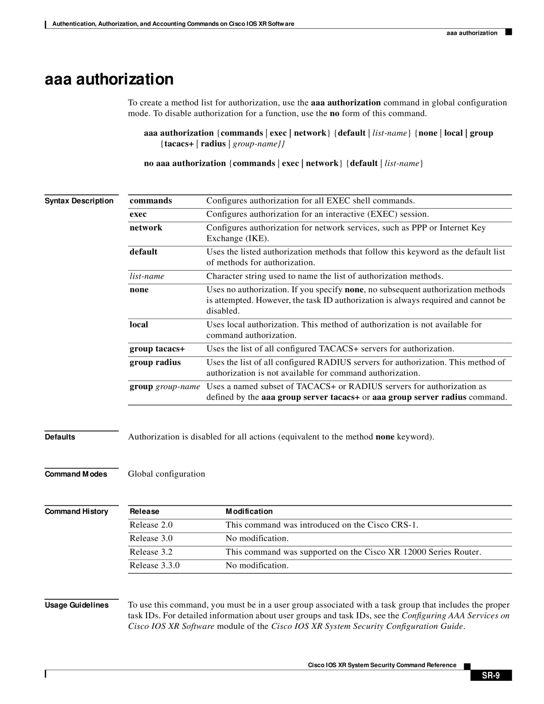 Cisco Systems XR manual Aaa authorization, Network, Local, SR-9 