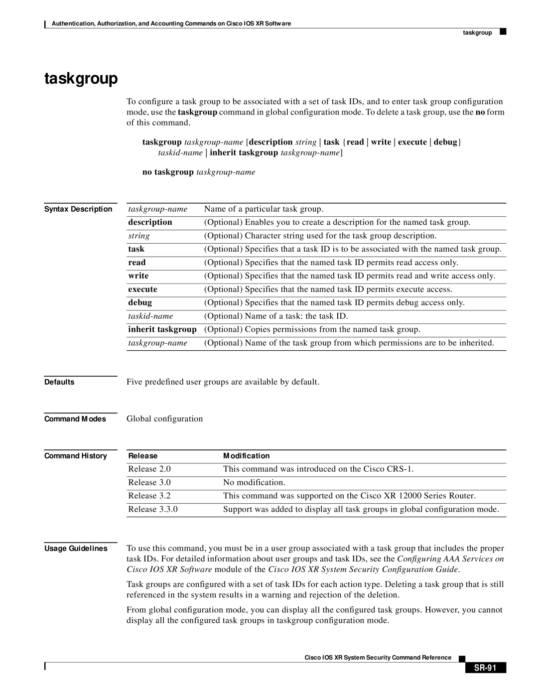 Cisco Systems XR manual Taskgroup, SR-91 