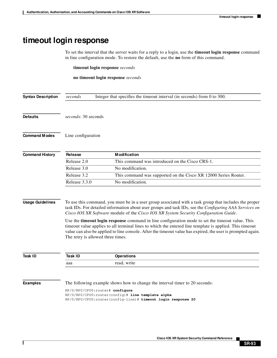 Cisco Systems XR manual Timeout login response, SR-93 