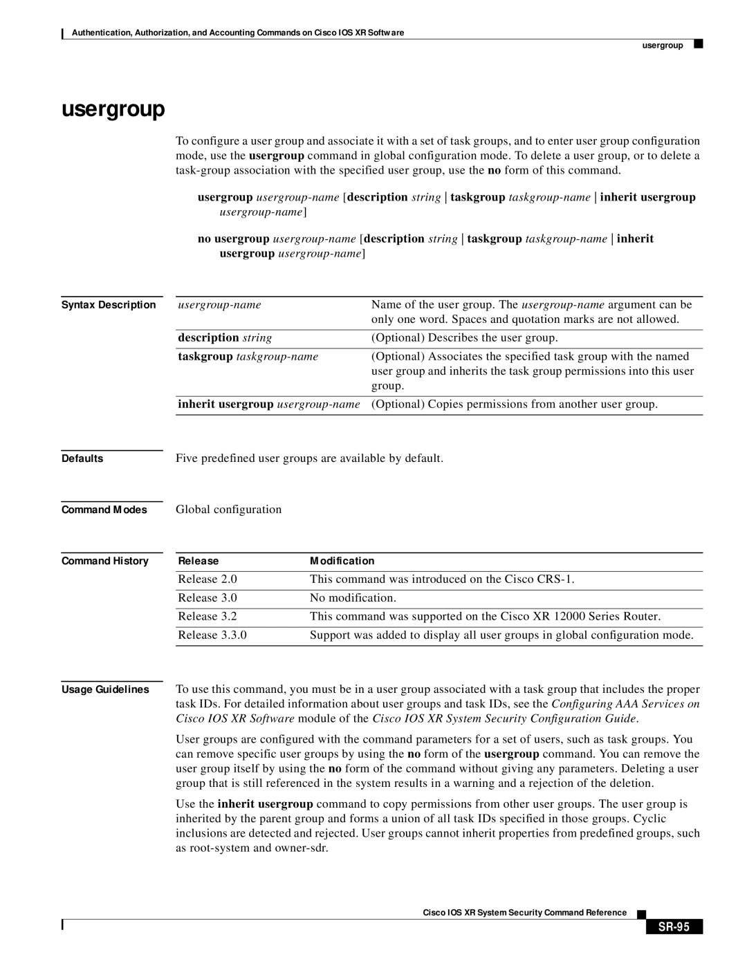 Cisco Systems XR manual Usergroup, SR-95 