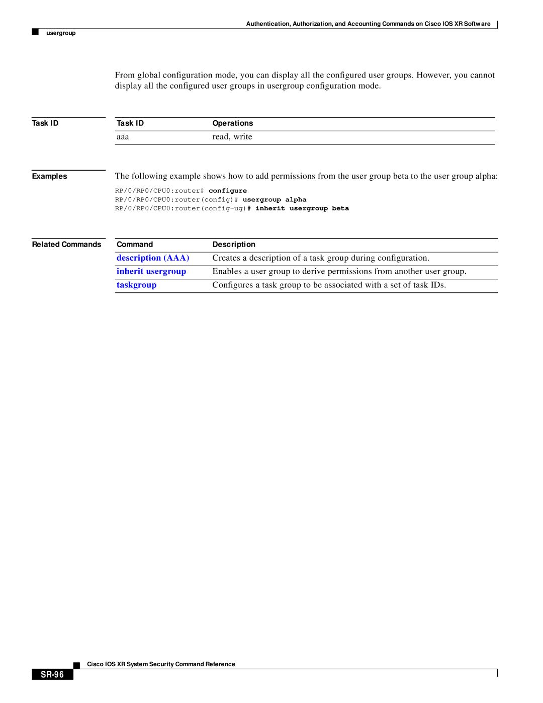 Cisco Systems XR manual Creates a description of a task group during configuration, SR-96 