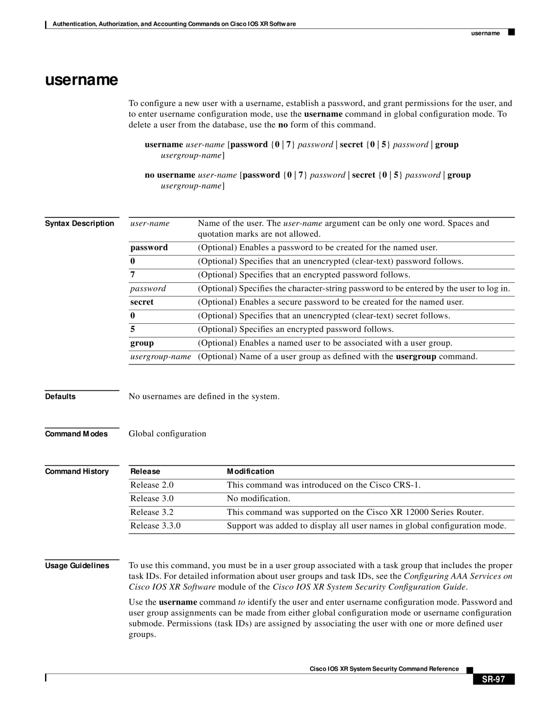 Cisco Systems XR manual Username, SR-97 