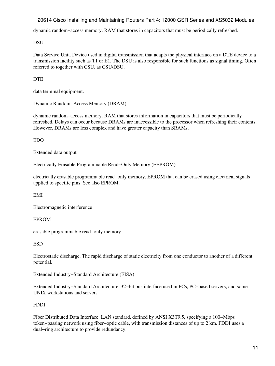 Cisco Systems 12000 GSR, XS5032 manual Dsu, Dte, Edo, Emi, Eprom, Esd, Fddi 