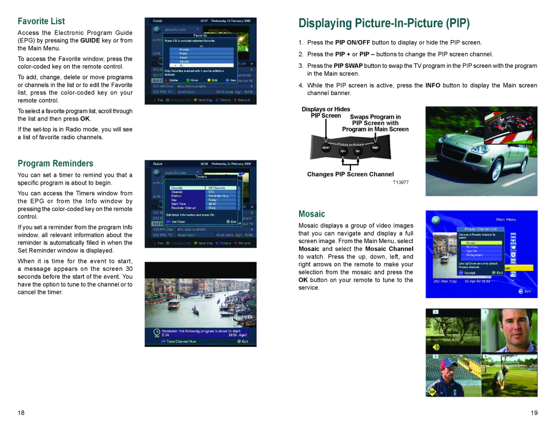 Cisco Systems Z880DVB, Z870DVB manual Displaying Picture-In-Picture PIP, Favorite List, Program Reminders, Mosaic 