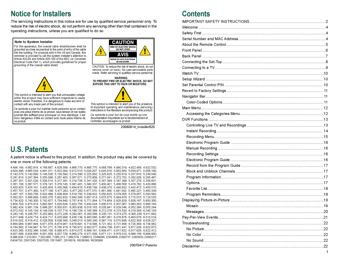 Cisco Systems Z870DVB, Z880DVB manual Contents, Patents 