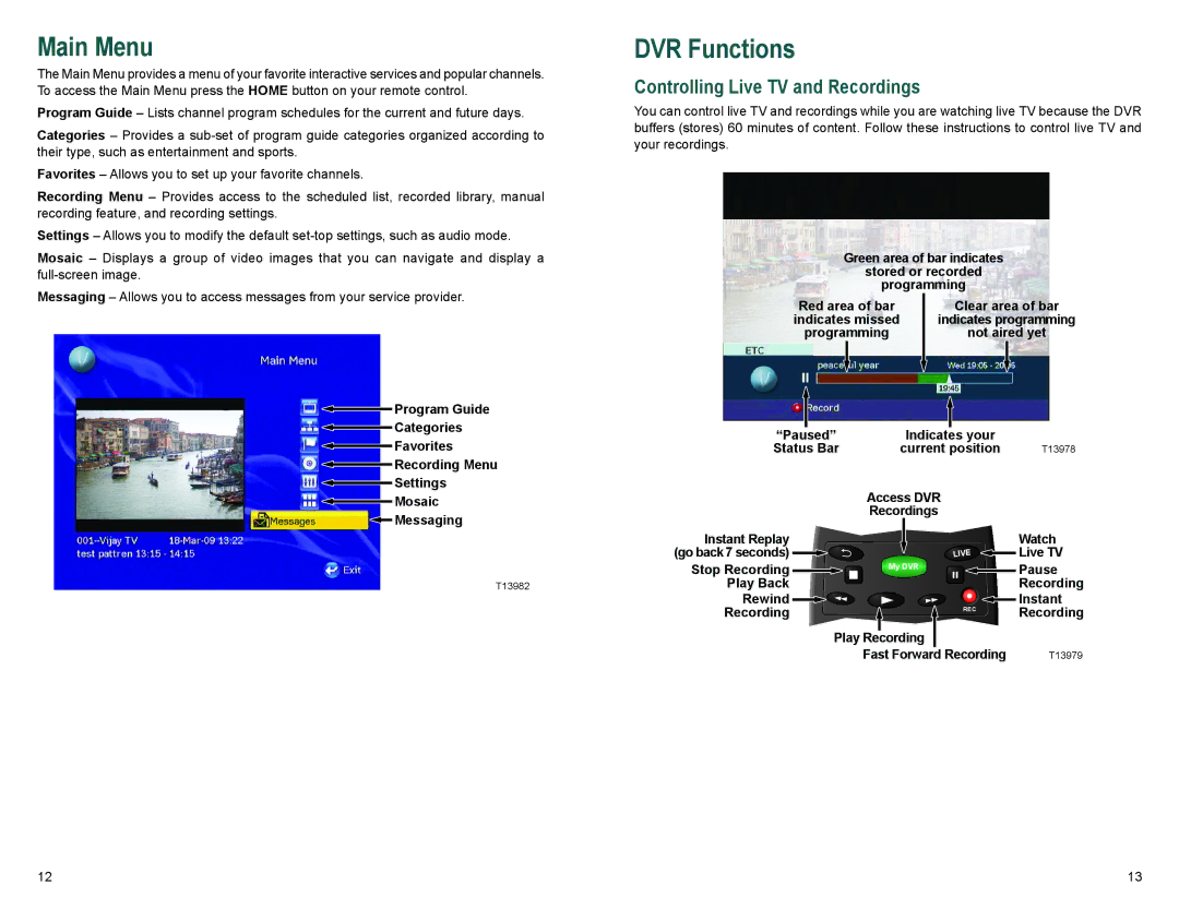 Cisco Systems Z870DVB, Z880DVB manual Main Menu, DVR Functions, Controlling Live TV and Recordings 