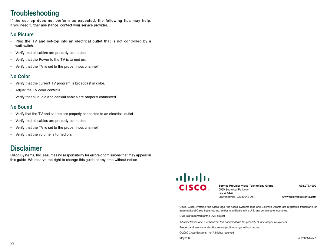 Cisco Systems Z880DVB, Z870DVB manual Troubleshooting, Disclaimer, No Picture, No Color, No Sound 