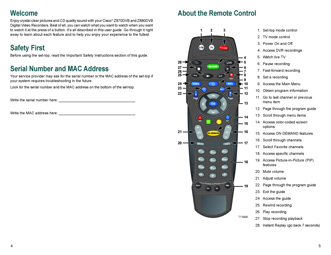 Cisco Systems Z870DVB, Z880DVB manual Welcome, Safety First, Serial Number and MAC Address, About the Remote Control 