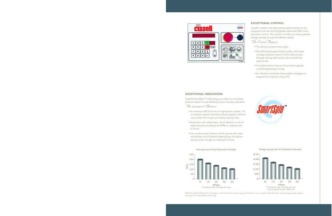 Cissell 40-175 lb manual Control Features, SmartSpin Features, Exceptional Control, Exceptional Innovation 